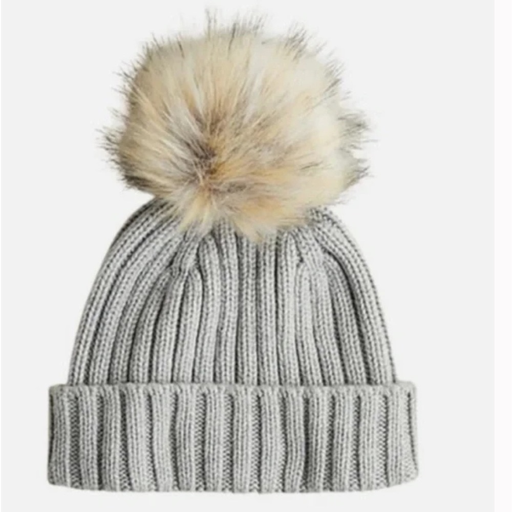 NWT j crew ribbed Pom Pom beanie- heather ash